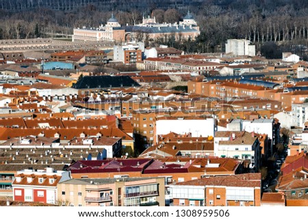 Roofs and Real Palace on the background on Aranjuez. Madrid. Spain. Europe.