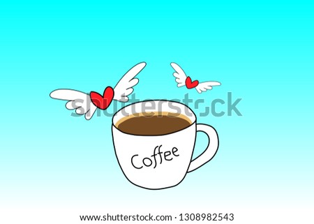 A cup of coffee with the heart is flying and blue background.