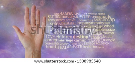 Aspects of Palmistry Word Tag Cloud - female open palm beside a PALMISTRY word cloud against an ethereal cosmic night sky background
