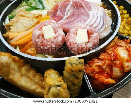 closeup of Korean army stew soup