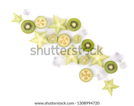 beautifully sliced fruits of different shapes on white background.