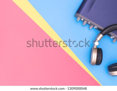 Music recording equipment on blue pink copy space