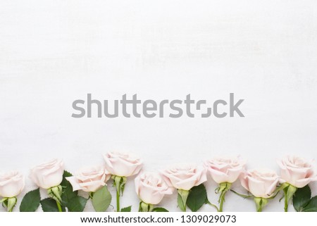 Flowers valentine day greeting card. Frame made of pink rose on gray background. Flat lay, top view, copy space.