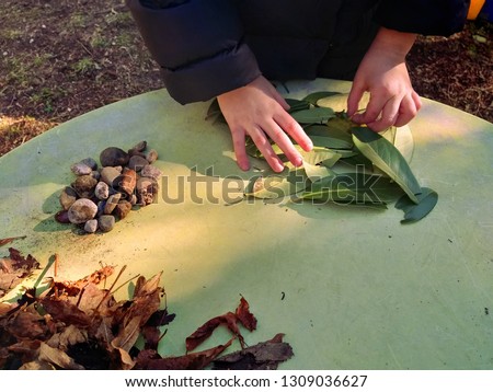 little children playing, expolring and gardening in the garden with soil, leaves, nuts, sticks, plants, seeds during a school activity - learning by doing, education and play in the nature concept Royalty-Free Stock Photo #1309036627