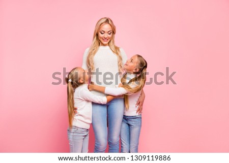 Portrait of nice cute attractive charming lovely winsome gentle lovable cheerful cheery people hugging spending time dream isolated over pink pastel background