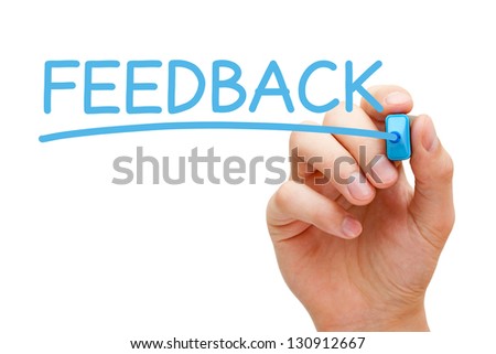 Hand writing Feedback with blue marker on transparent wipe board. Royalty-Free Stock Photo #130912667
