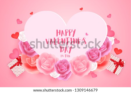 Valentine's Day with sweet heart, rose flowers and realistic gift boxes on smooth pink background.Beautiful and lovely cards,banner for advertisement in Valentine's day concept.Design in EPS10 Vector.