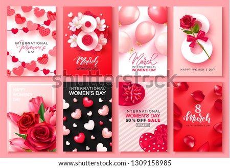 8 March international women's day Set of cards. Background for website , posters,ads, coupons, promotional material. Vector illustration.