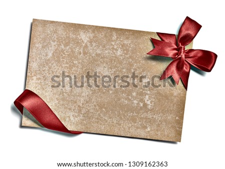 close up of a  note card with ribbon bow on white background