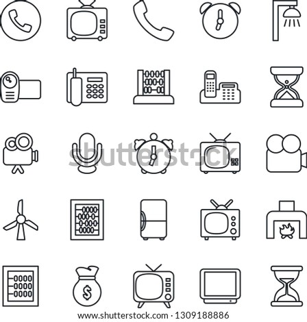 Thin Line Icon Set - phone vector, abacus, tv, video camera, microphone, call, alarm, office, fireplace, outdoor lamp, fridge, windmill, money bag, sand clock