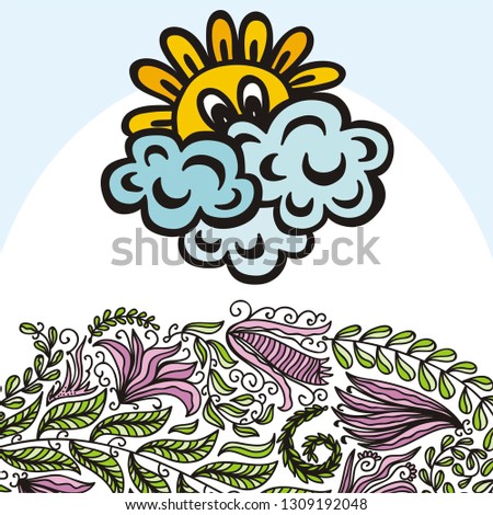 Sun clouds and flowers. Vector illustration