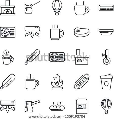 Thin Line Icon Set - hot cup vector, coffee machine, fire, fireplace, thermometer, air conditioner, bread, steak, dog, bowl, turkish, balloon
