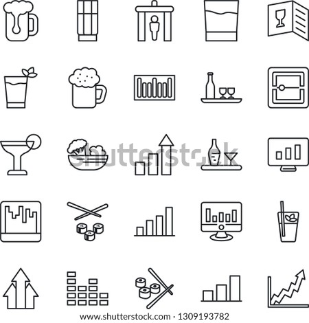 Thin Line Icon Set - security gate vector, growth statistic, monitor, barcode, equalizer, scanner, bar graph, alcohol, wine card, drink, cocktail, phyto, beer, salad, sushi, arrow up