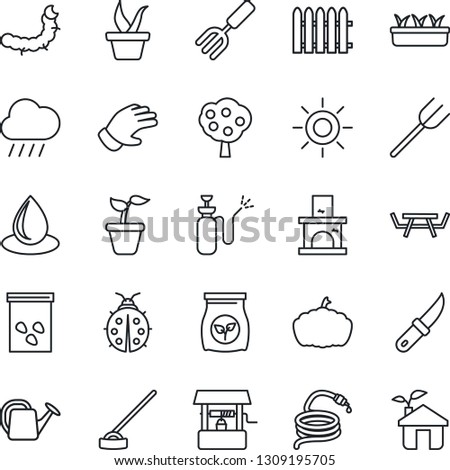 Thin Line Icon Set - garden fork vector, farm, fence, seedling, watering can, glove, lady bug, water drop, sun, rain, well, hose, hoe, knife, pumpkin, fireplace, seeds, caterpillar, picnic table