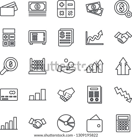 Thin Line Icon Set - credit card vector, safe, handshake, calculator, crisis graph, cash, receipt, bar, pie, abacus, contract, arrow up, wallet, growth, money search, investment