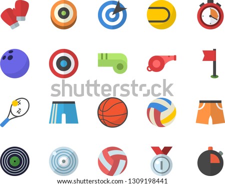 Color flat icon set target flat vector, medal, whistle, bowling ball, basketball, volleyball, stopwatch, athletic shorts, sports flag, tennis, boxing gloves, vector