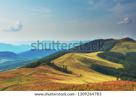 Summer landscapes in the Ukrainian Carpathian Mountains with beautiful mountain valleys and views of the ridge.