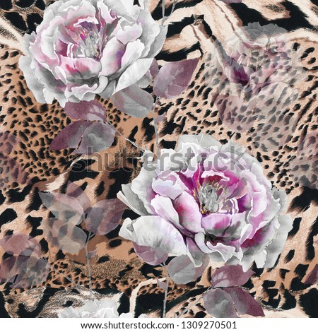 Seamless textile pattern. Wild african animal skin with beautiful purple and pink peonies . Tiger and jaguar skin print with flowers pattern.