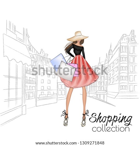 Beautiful fashion model in hat. Stylish cute girl in fashion clothes. Sketch. Fashion woman, fashion banner with text template, online shopping social media ads with beautiful girl. Vector illustratio Royalty-Free Stock Photo #1309271848