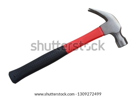 Hammer with a rubberized handle. Hammer and nail puller, two in one. Close-up. Isolated object on white background. Isolate. Royalty-Free Stock Photo #1309272499