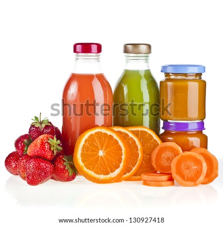 Mix from many fresh fruits and juices in glasses on white background