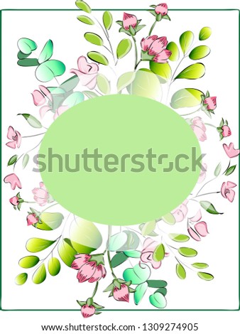 Vector card design with pink field flowers, green leaves and green frame for copy space