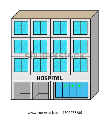Hospital. Pixel art style icons. Stickers design. Vector illustration isolated on white background.