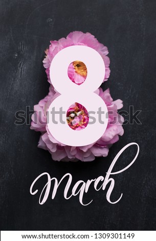 8 march hand lettering and peonies flowers. Woman's Day greeting card background.