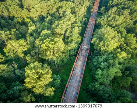 Aerial view of an old bridge against green trees (Old Chain of Rocks Bridge over Mississippi RIver)