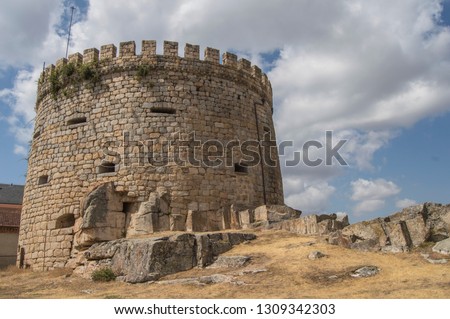 Stone tower on mound in the Navas del Marques, province of Avila. Castilla y León Spain.