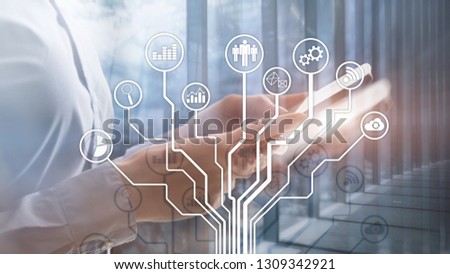 Business applications icons on blurred background. Financial and trading. Internet technology concept.