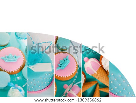 Blue summer time theme for party or birthday. Collage of five pictures of sweets, cupcakes, pop cakes.