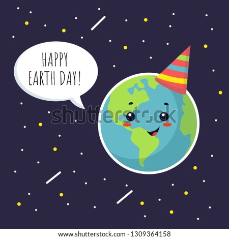 Happy Earth Day greeting card with cute cartoon Earth with birthday cup. Vector illustration
