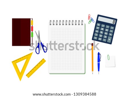 Office supplies set - open spiral copybook, pen and pencil, ruler, paper clips, notebook and calculator