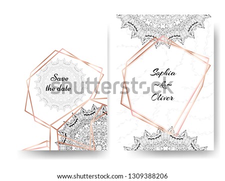 Beautiful modern invitation wedding template with gold frames and white and black mandala.