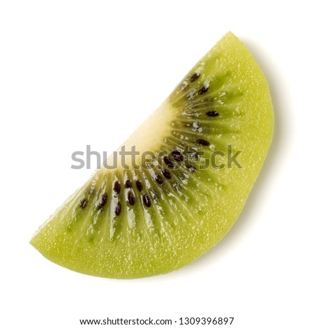 One peeled kiwi fruit slice isolated on white background closeup. Half of kiwi slice. Kiwifruit slice without peel,  flatlay. Flat lay, top view.