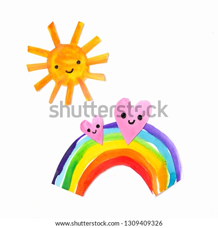paper hearts, sun and rainbow on white background. symbol of love, joy, kindness, happiness. children creativity concept. flat lay. copy space