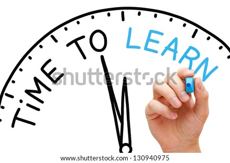 Hand writing Time to Learn concept with blue marker on transparent wipe board. Royalty-Free Stock Photo #130940975