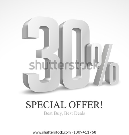30% Off Special Offer Silver 3D Digits Banner, Template Thirty Percent. Sale, Discount. Grayscale, Metal, Gray, Glossy Numbers. Illustration Isolated On White Background. Ready For Your Design. Vector