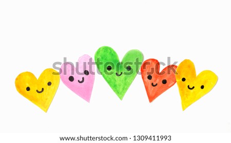 cute colorful paper hearts with smiles. Beautiful valentines day paper hearts on white background. Copy space, Top View. Creative minimalism Valentines Day Concept. 