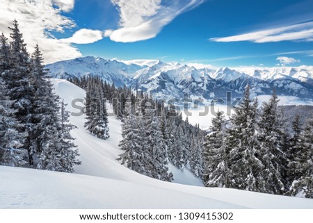 Winter view from the top of Ausrtian Alps in Kaprun ski resort, National Park Hohe Tauern, Europe, Austria