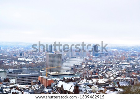 Top view of Liege city with snow-covered at winter season , Liege is 1 of 5 province in the Wallonia region of Belgium. Travel and holiday lifestyle concept.