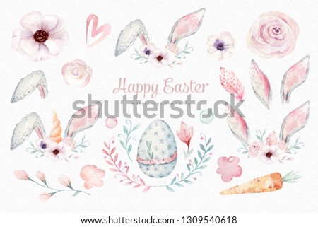 Watercolor Easter elements, Spring blossom, branch, Easter eggs, colorful eggs, bunny and bannies ears. rabbit Scrapbooking element