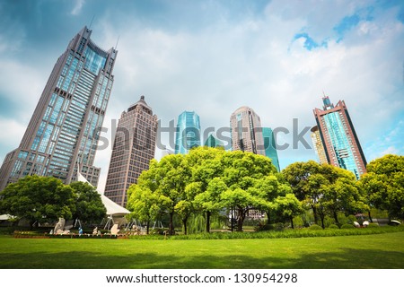 city greenbelt with modern buildings in shanghai financial center