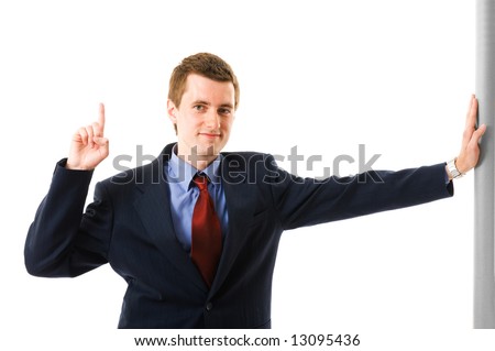 Businessman With finger Up. Sign Attention. Isolated on white background
