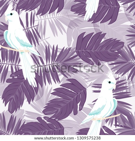Exotic seamless pattern with a parrot and tropical leaves. Beautiful White Corella on the vine.