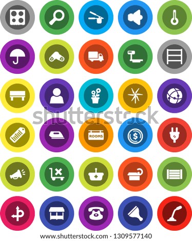 White Solid Icon Set- scraper vector, cook press, oven, magnifier, dollar coin, route, delivery, wood box, umbrella, no trolley, big scales, barcode, shelving, speaker, classic phone, thermometer