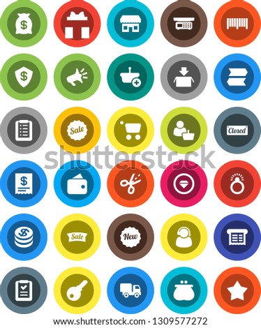 White Solid Icon Set- gift vector, dollar coin, wallet, money bag, sale, new, closed, store, customer, support, barcode, receipt, basket, cart, shopping list, delivery, loudspeaker, coupon, signpost