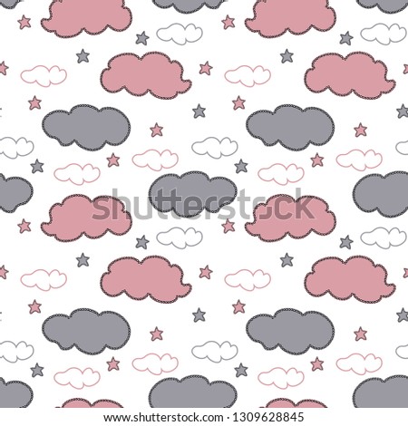 Baby vector seamless pattern. Hand drawn gray and pink clouds and stars on white background. Template for desing, textile, wallpaper, wrapping, cover, web site, card, banner, ceramic tile.
