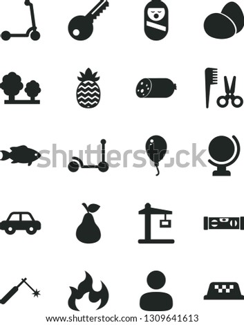 Solid Black Vector Icon Set - accessories for a hairstyle vector, motor vehicle, roly poly doll, balloon, Kick scooter, child, key, building level, globe, sausage, eggs, fish, pear, pineapple, trees